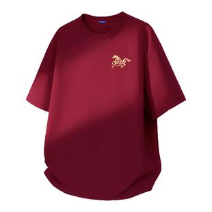 马克华菲男士短袖t恤马年本命年纯棉红色男生上衣宽松打底衫男款X