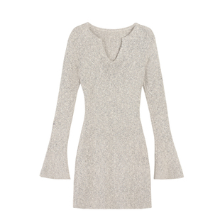 SS for me 法国曲调 气质V领长袖针织连衣裙女修身收腰包臀短裙