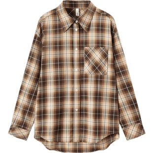 森马长袖衬衫女中长款慵懒宽松落肩休闲秋季chic复古格纹衬衣潮流