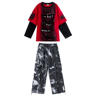 儿童嘻哈街舞服装男女孩痞帅破洞上衣hiphop架子鼓走秀元旦演出服