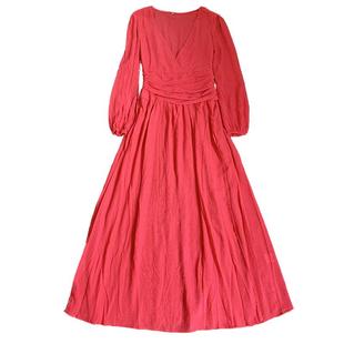 新增7色~性感高开衩V领大摆裙 纯色压皱波西米亚欧美新款女装长裙