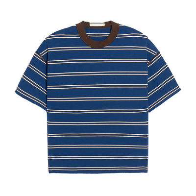 条纹重磅水洗工艺T恤做旧宽松圆领扩版落肩短袖个性翻面做工体恤