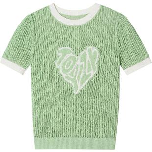 ToyzY2025夏季新款浅绿色透气镂空小香风短袖针织上衣女薄款