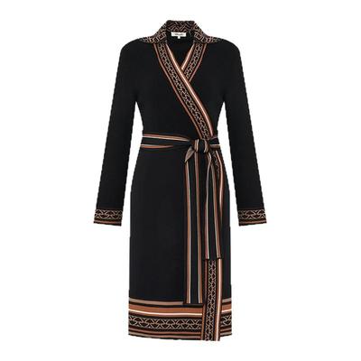 DVF曜石黑/几何图腾镶边裹身裙