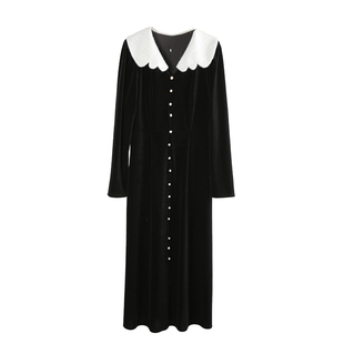 黑色V领丝绒连衣裙女2025年秋冬新款加厚收腰长款A字年会礼服裙子