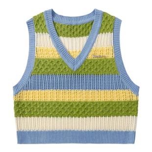 WhyBerry 22AW“一颗水果糖”原创撞色短款针织V领条纹马甲小个子