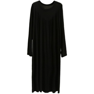 莫代尔连衣裙女士睡裙长袖中长款家居服宽松大码套头大摆裙百褶裙