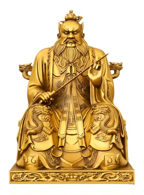 纯黄铜张天师坐像持剑踩虎摆件