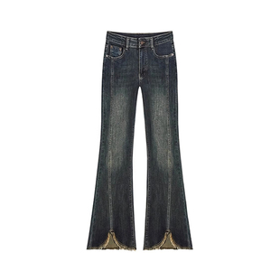 复古蓝灰色开叉毛边微喇牛仔裤女冬季加绒大码胖mm高腰显瘦喇叭裤