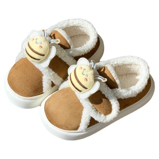 魔术贴棉拖鞋女冬季可爱小蜜蜂加绒加厚羊羔毛绒网红情侣外穿棉鞋