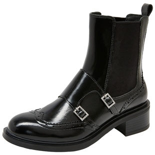 康莉唐香玉同款厚底切尔西靴女25冬新款黑色加绒复古布洛克短靴子