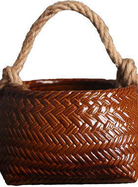 陶瓷仿竹炭钵手提炭篮子核桃炭篮提梁功夫橄榄碳乌榄碳炉木炭碳盆