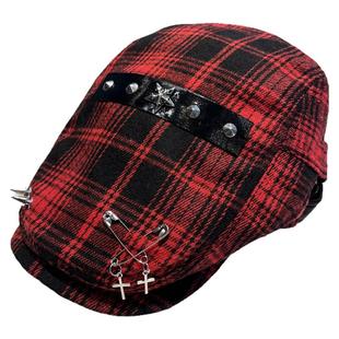 暗黑系亚文化铆钉红色格纹前进帽子女新款辣妹大头围显脸小鸭舌帽