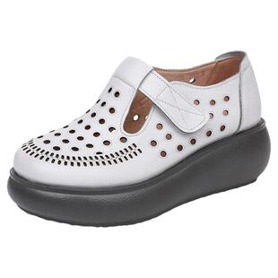 真皮厚底镂空单鞋小个子妈妈鞋新款夏季凉鞋松糕底洞洞鞋大码女鞋