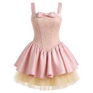 DOVVO粉色吊带蕾丝小礼服蝴蝶结鱼骨收腰蓬蓬裙生日写真短连衣裙