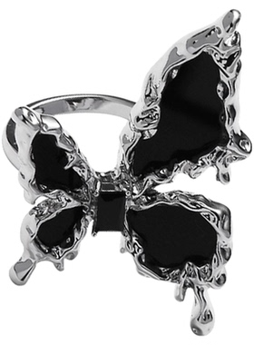 QG黑色蝴蝶戒指女小众设计高级感暗黑风镶嵌锆石可调节食指戒礼物