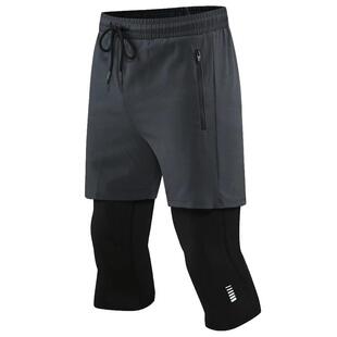 假两件套七分裤打底紧身弹力运动裤跑步裤训练长裤健身房速干裤男