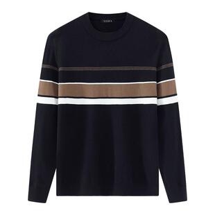 斯得雅男士条纹毛衣秋冬圆领撞色提花修身保暖针织衫混纺羊毛衫