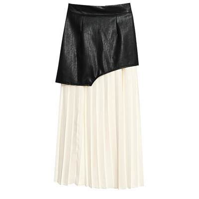 高腰a字裙百褶裙拼接皮裙长裙