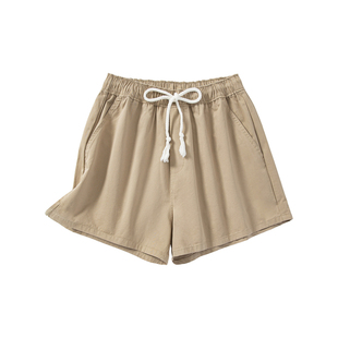 YANGLE_卡其色短裤女2025夏季新款高腰宽松慵懒休闲显瘦松紧a字裤