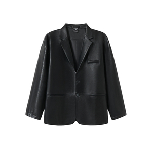 韦恩泽维尔加肥加大宽松大码男秋冬平驳领PU皮休闲西服西装9240