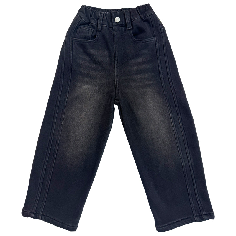 男童加绒牛仔裤子黑灰2025冬季新品潮流直筒阔腿休闲宝宝儿童长裤