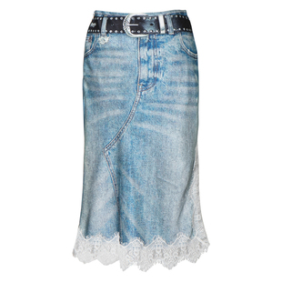 LEONSENSE力上司 光泽感锻面3D牛仔印花垂坠 斜裁显瘦蕾丝半身裙