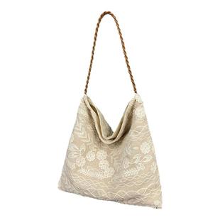 UR编织麻花肩带新中式复古单肩腋下帆布包女2025新款刺绣花托特包