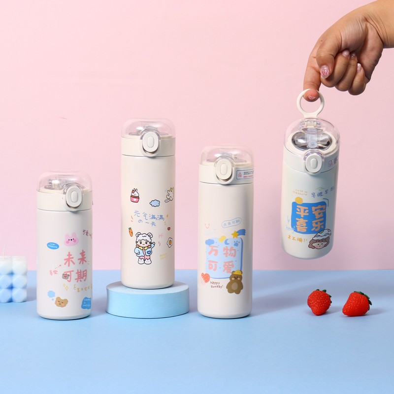 时尚卡通儿童保温杯弹跳带吸管学生水杯一键开启304不锈钢豌豆杯