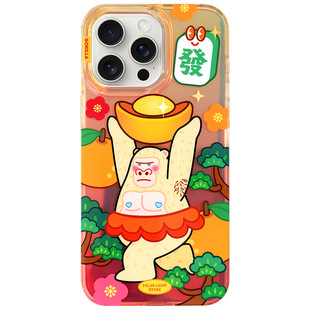 极光士多发财巨猩适用苹果16Promax原创iPhone15pro金光光面手机壳14保护套壳挂绳孔