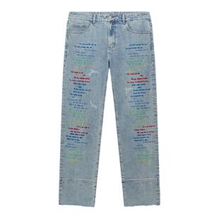 DICETINY 五彩绣花牛仔裤男秋冬季新款潮牌美式高街宽松直筒长裤