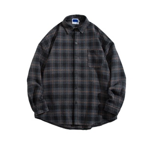 wtmp秋季日系复古加厚磨毛呢格子衬衫长袖男潮牌宽松撞色休闲衬衣