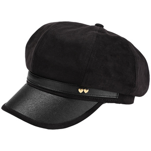 英伦风皮檐八角帽子女春秋季PU拼接新款宽檐显脸小复古文艺画家帽