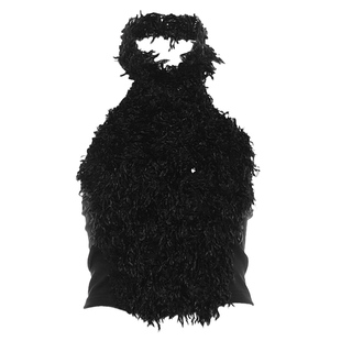 怪诞女孩 酷飒气质辣妹亮片毛毛拼接挂脖背心女 时髦修身无袖上衣