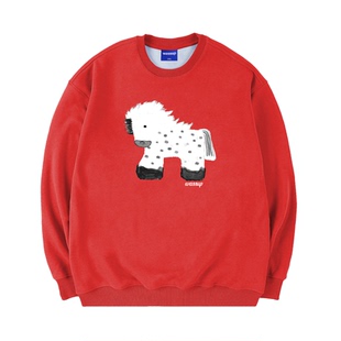 WASSUP中国红马年卫衣男女款秋冬加绒宽松休闲潮流新年圆领上衣服