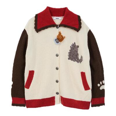 有钱小猫撞色毛衣款猫咪提花外套