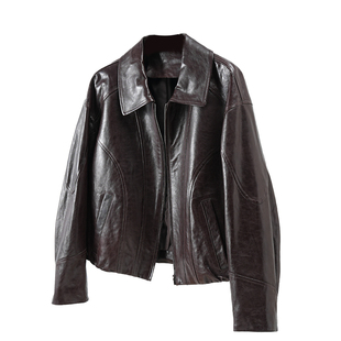 欧洲站2026春秋新款高级感油蜡羊皮真皮皮衣女短款外套皮夹克