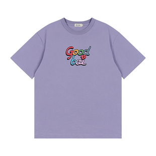 GOODBAI 男女同款花花漫画logo彩虹印花圆领oversize短袖T恤