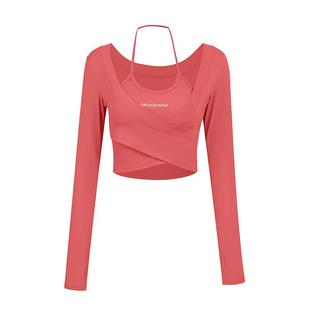 annerun假两件运动T恤女长袖带胸垫瑜珈服露脐上衣速干显瘦健身衣