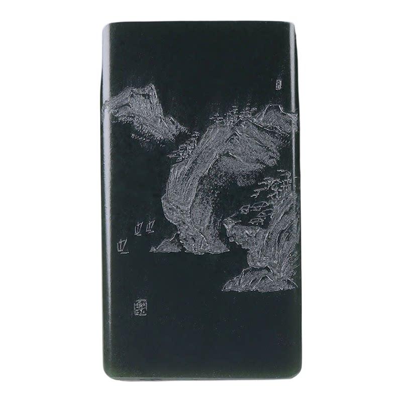 (古晨珠宝) 新疆和田玉塔青阴雕山水牌挂件吊坠玉坠山水有财52g