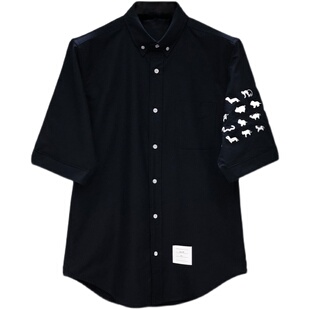 tb短袖衬衫小动物刺绣四条杠修身牛津纺休闲男女情侣装同款衬衣潮