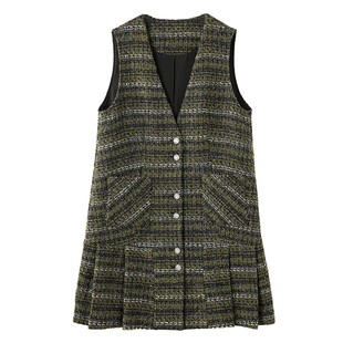 宝诗黎V领亮丝条纹羊毛背心裙2026春季韩系小香风气质休闲连衣裙