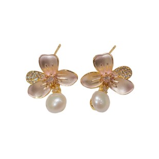 《清秋海棠》复古精致珐琅滴釉粉色花朵天然淡水珍珠耳夹耳环耳饰