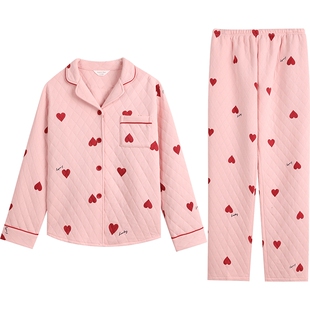 秋鹿清仓仅剩M码】薄夹棉睡衣女春秋季甜美空气棉夹层纯棉冬季