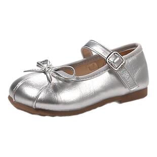 儿童鞋子女童银色小皮鞋2025春秋季新款蝴蝶结公主鞋子女宝宝单鞋