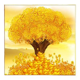 黄金满地摇钱发财树饭厅餐厅装饰画方形大气招财壁画玄关客厅挂画