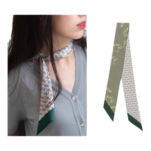 浮梦灵犀轻国风复古图案双面绿色窄丝巾桑蚕丝长丝巾绑包沁绿筠枝