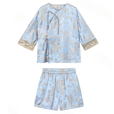 冰蓝金蝶新中式复古蕾丝套装女夏