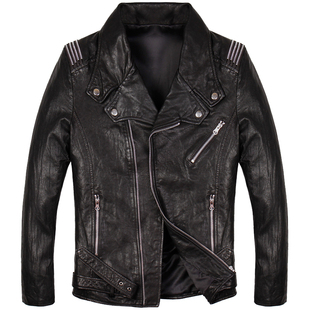 斜拉链皮衣男真皮短款修身韩版山羊皮机车皮衣夹克男士时尚外套潮