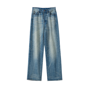 YANGLE_直筒牛仔裤女2025冬季新款韩系宽松复古做旧浅蓝拖地长裤